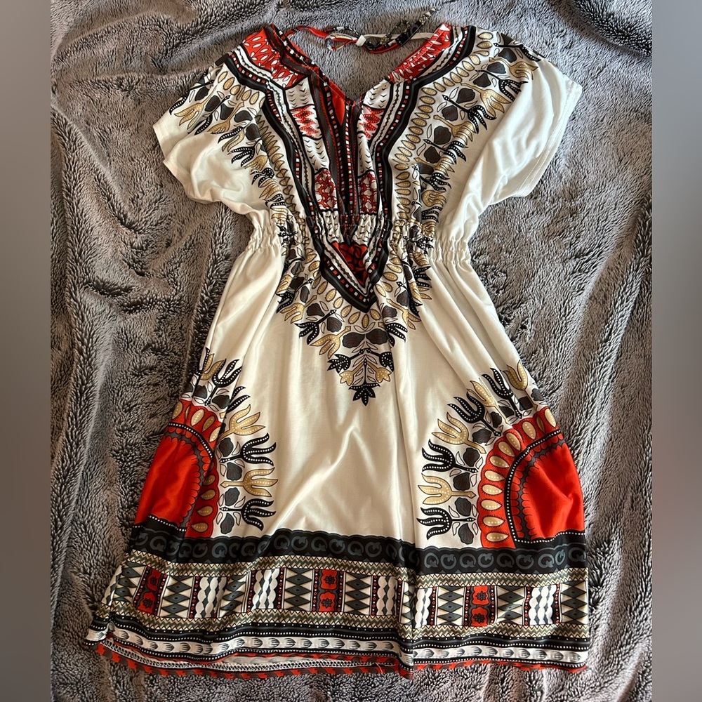 Cream and red boho dress with a tie in the back